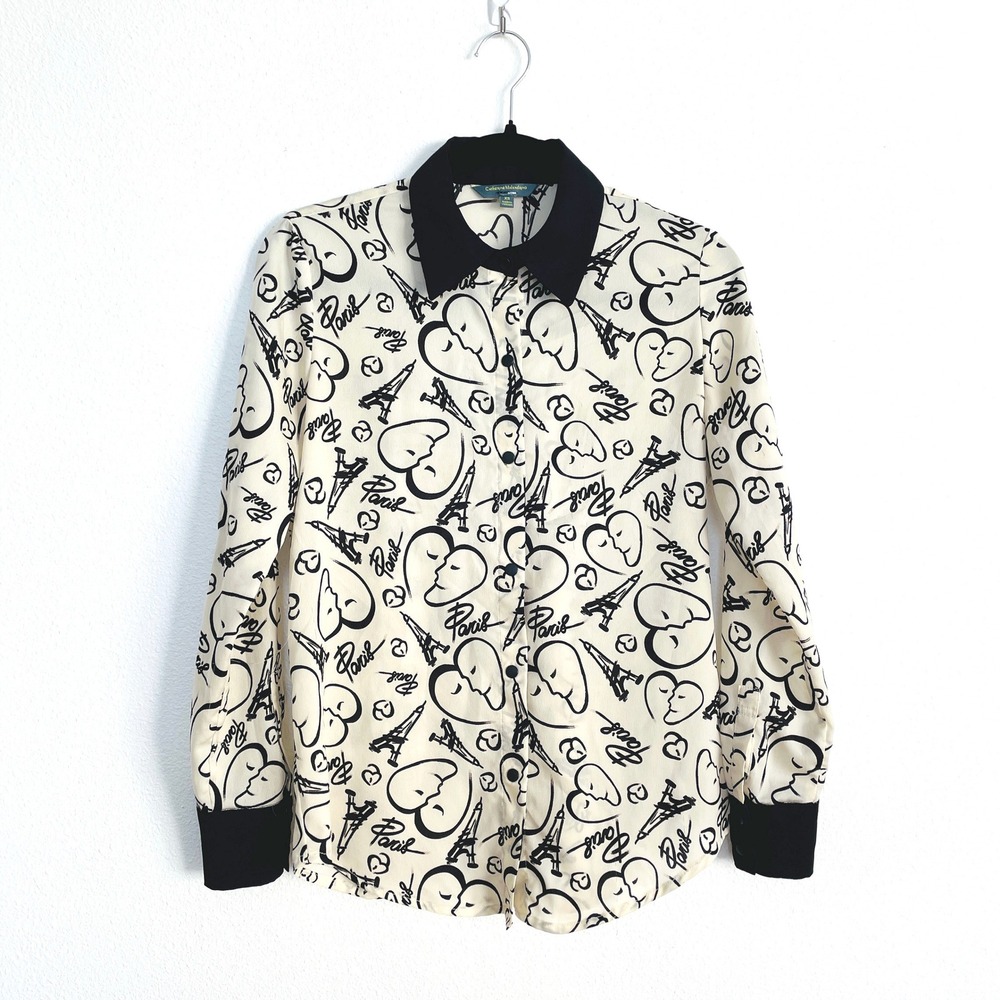 Catherine Malandrino Paris Eiffel Tower Print Button Down Blouse Black White XS
